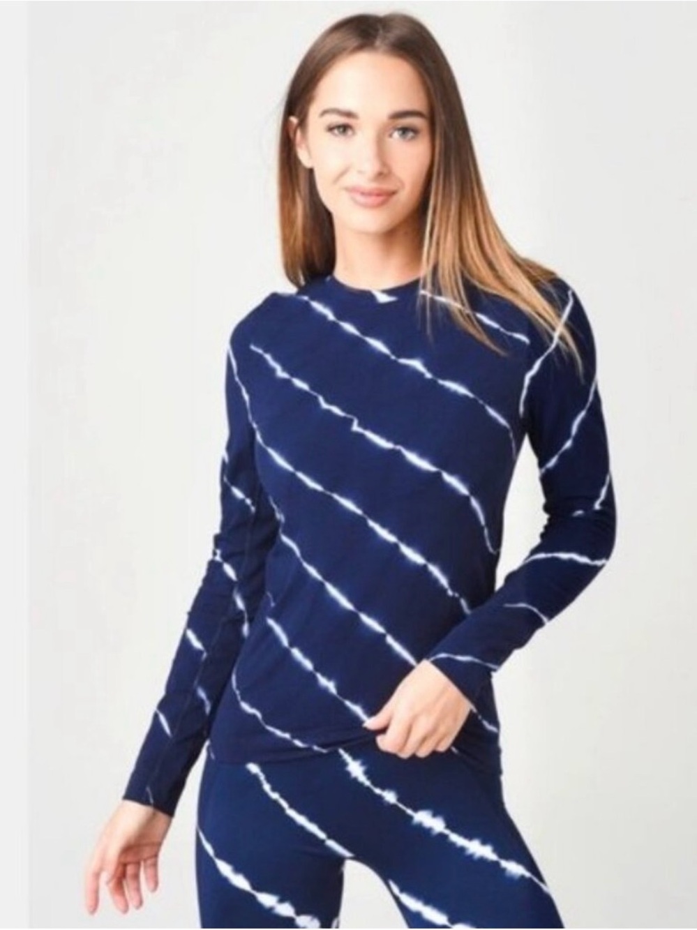 Tory Sport Navy and White Diagonal Tie-Dye Long Sleeve Top
